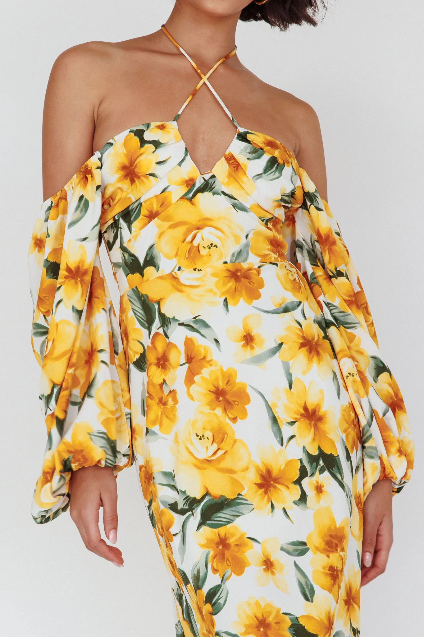 Nyree Long Sleeve Midi Dress Flowers Yellow - Image 4