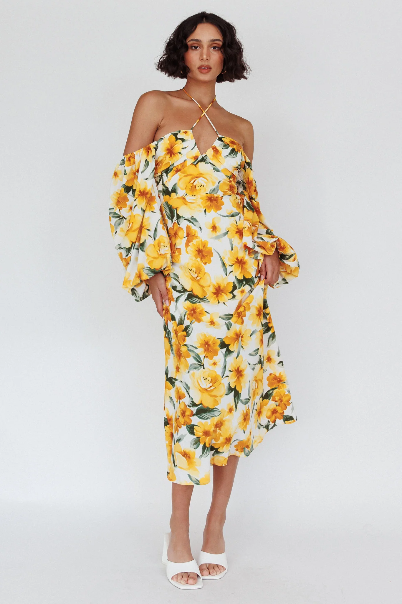 Nyree Long Sleeve Midi Dress Flowers Yellow - Image 5