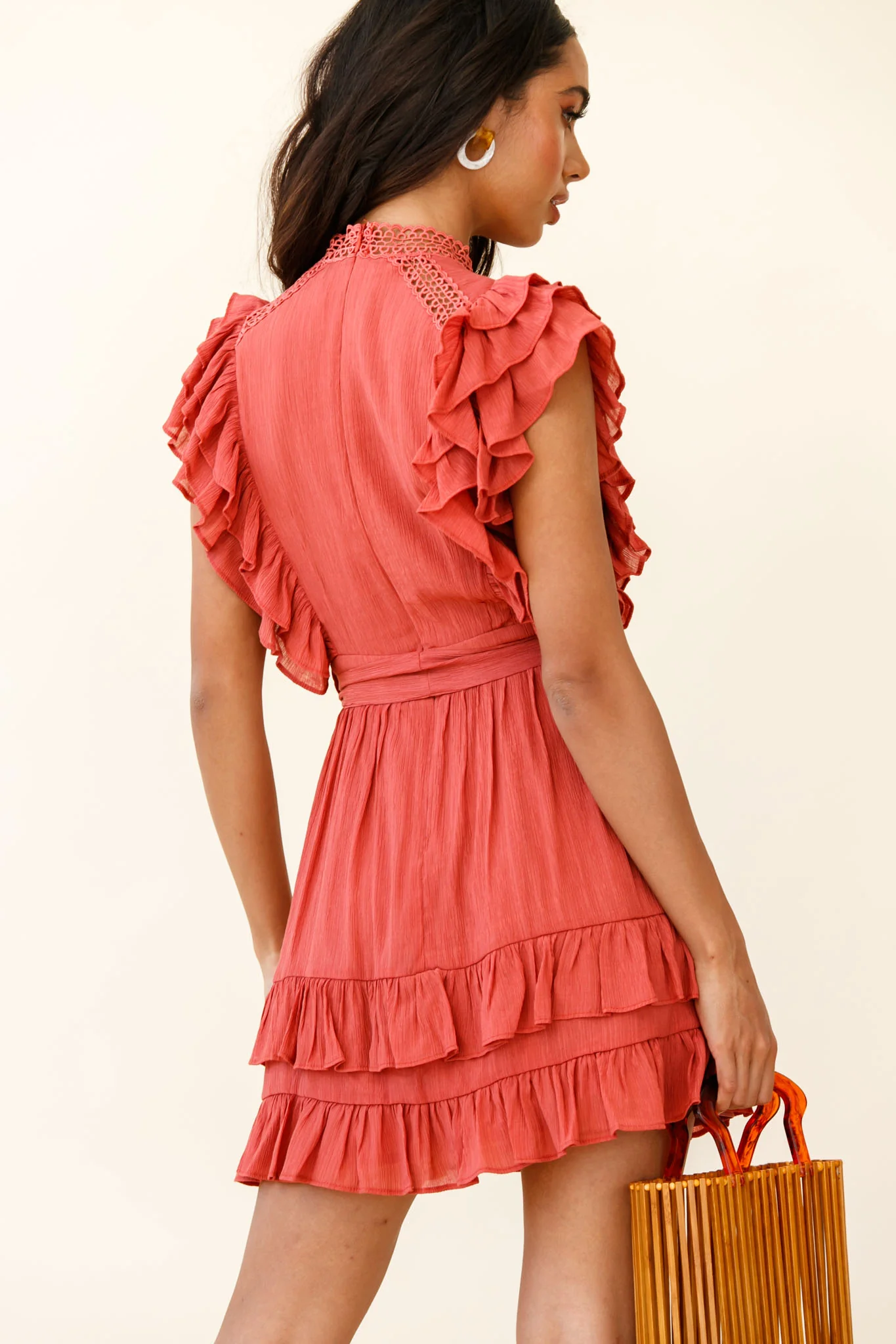 Oakland High Neck Ruffle Detail Dress Rust - Image 3