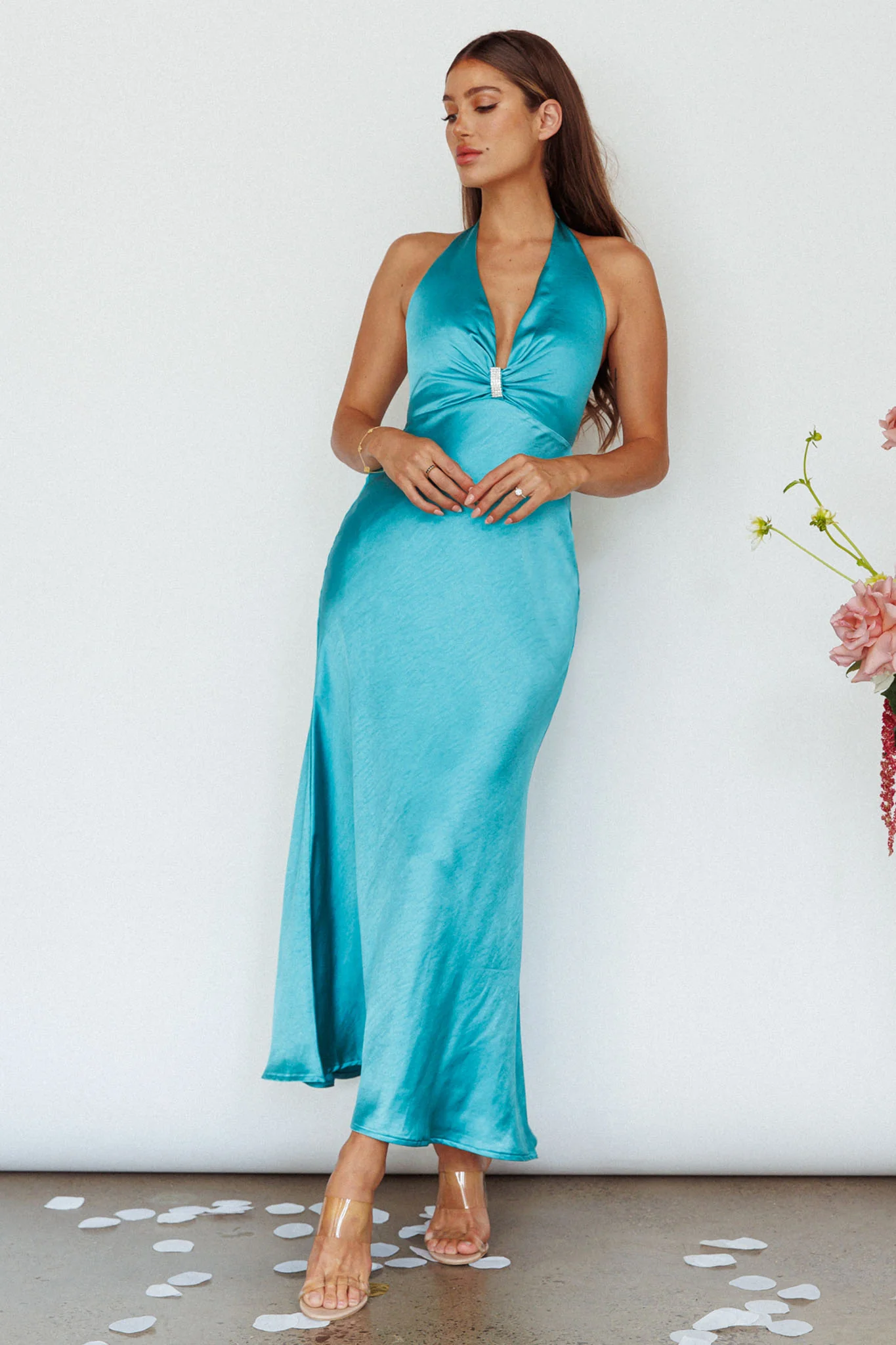 Oasis Diamante Halterneck Maxi Dress Turquoise - Image 3