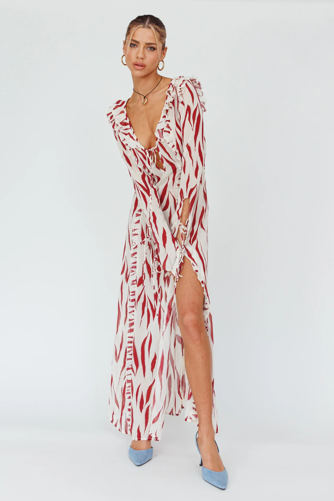 Oasis Moon Frill Trim Maxi Dress Printed Ruby - Image 5