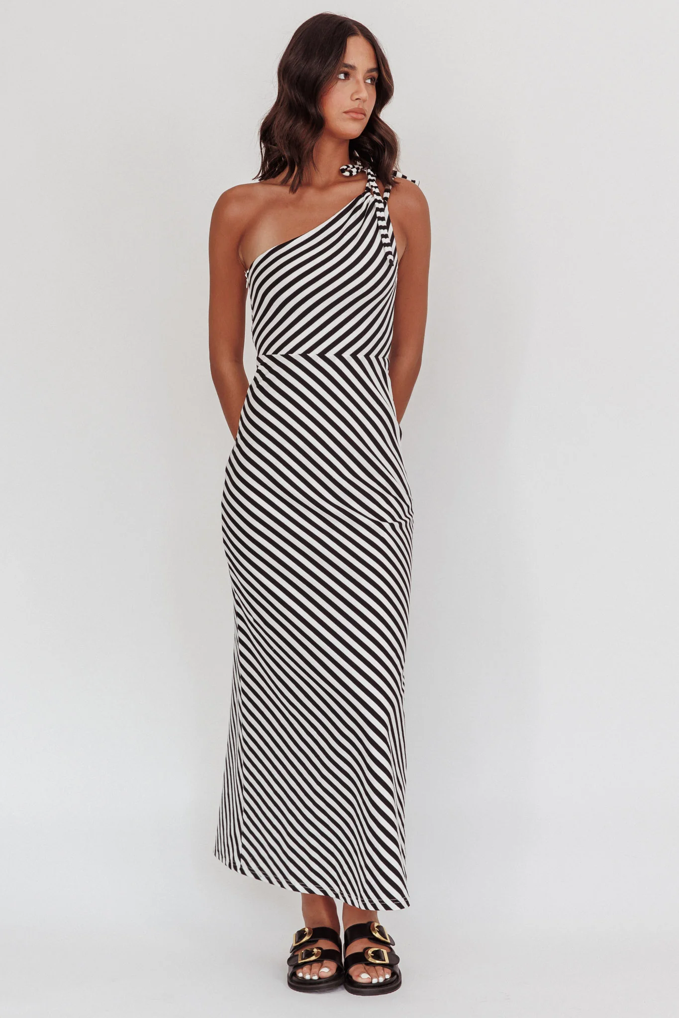 Ocean Road Tied One-Shoulder Maxi Dress Stripe Black - Image 4