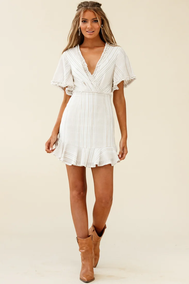 Ochre Open Back Bow Detail Dress Stripe Pattern White/Mocha - Image 2