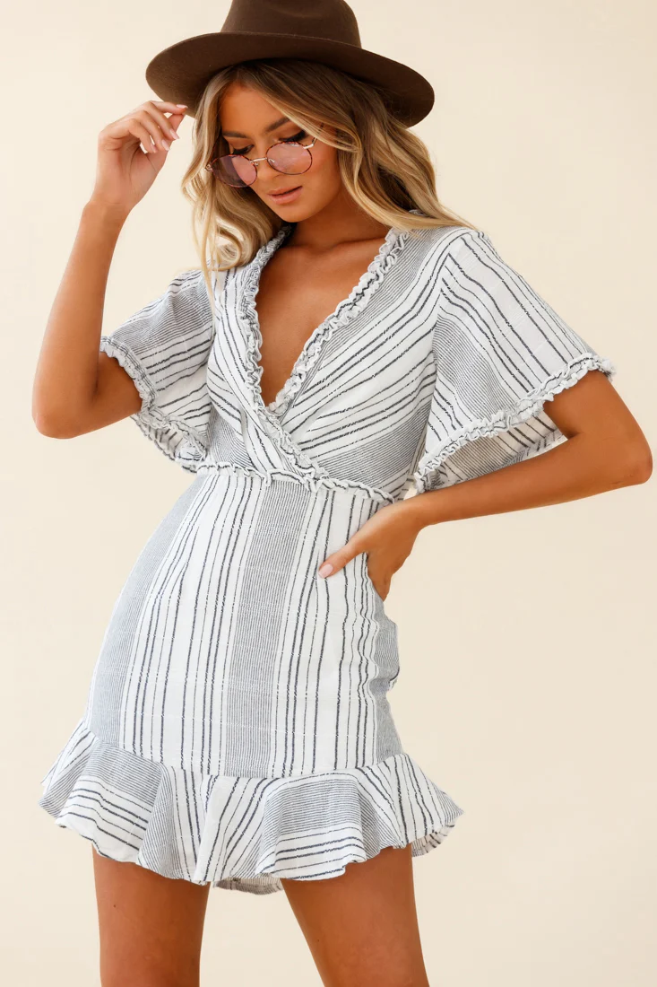 Ochre Open Back Bow Detail Dress Stripe Pattern White/Navy - Image 5