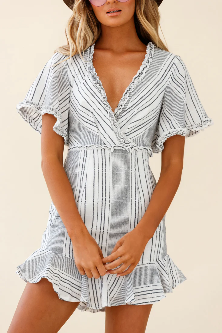 Ochre Open Back Bow Detail Dress Stripe Pattern White/Navy - Image 7