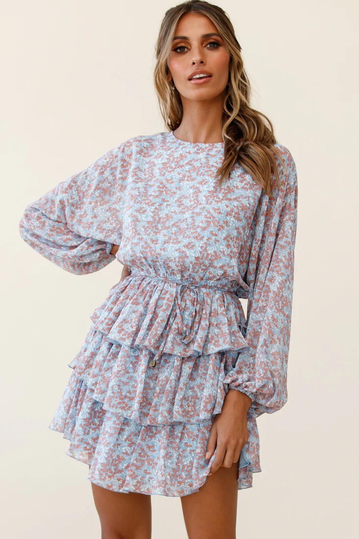 Odessa Long Sleeve Layered Ruffle Dress Floral Print Blue - Image 2