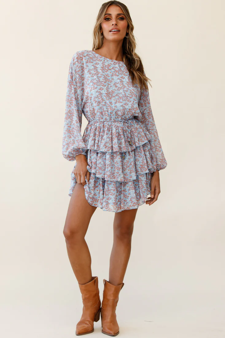 Odessa Long Sleeve Layered Ruffle Dress Floral Print Blue - Image 6