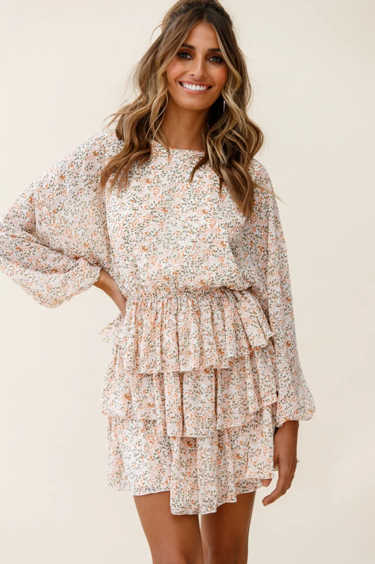 Odessa Long Sleeve Layered Ruffle Dress Floral Print Nude - Image 3