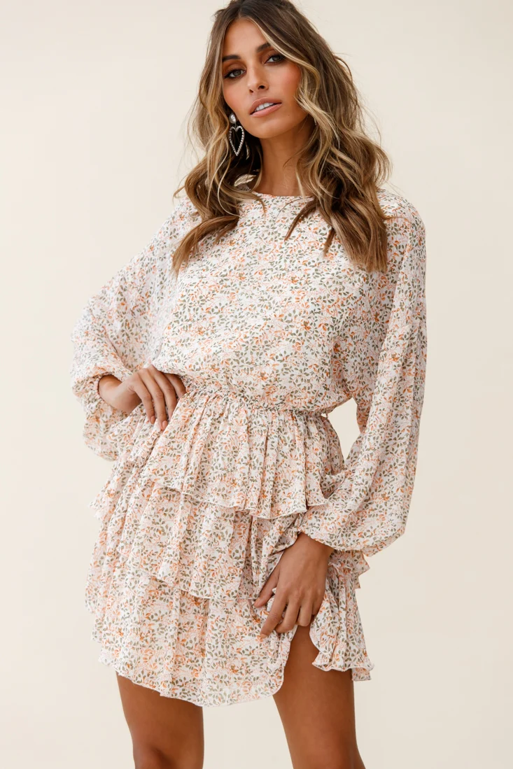 Odessa Long Sleeve Layered Ruffle Dress Floral Print Nude - Image 5