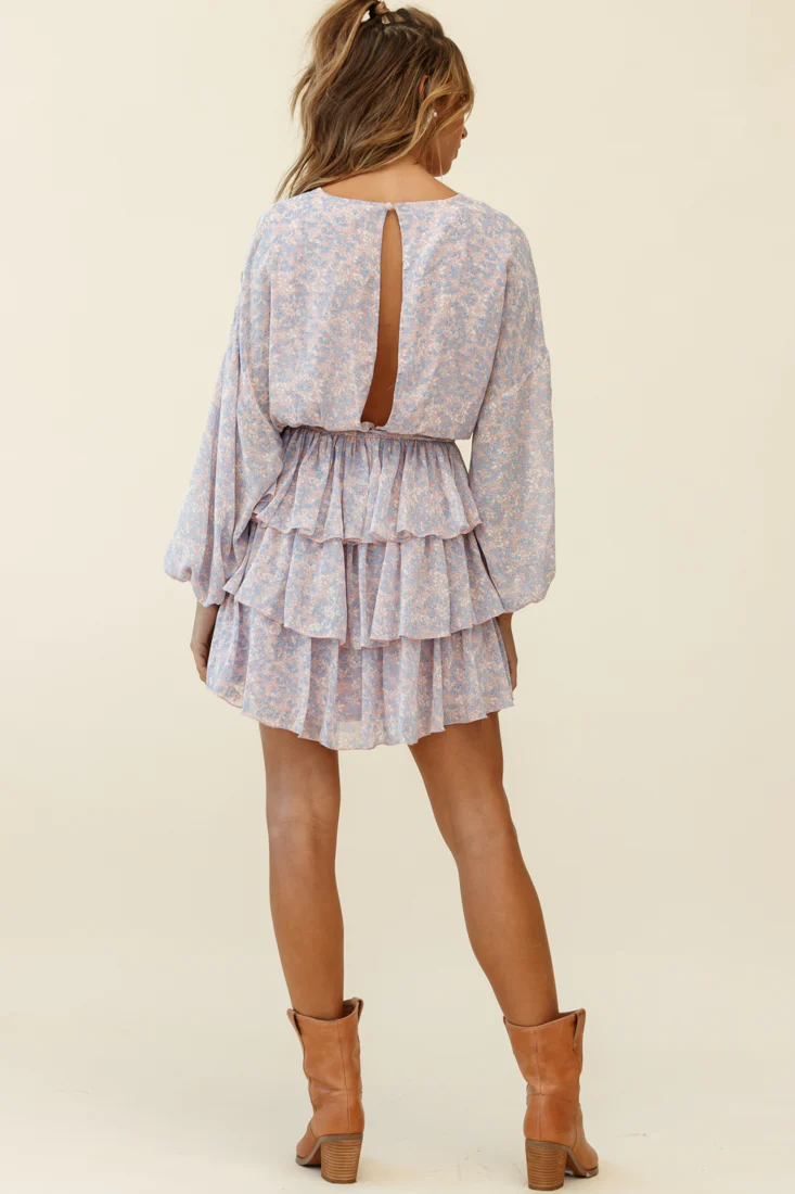 Odessa Long Sleeve Layered Ruffle Dress Flower Pattern Pink - Image 3