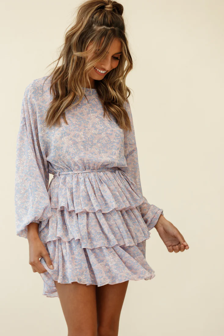 Odessa Long Sleeve Layered Ruffle Dress Flower Pattern Pink - Image 5