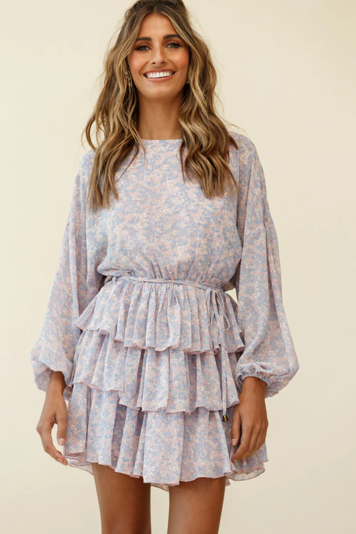 Odessa Long Sleeve Layered Ruffle Dress Flower Pattern Pink - Image 6
