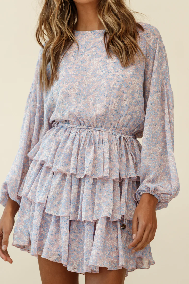 Odessa Long Sleeve Layered Ruffle Dress Flower Pattern Pink - Image 7