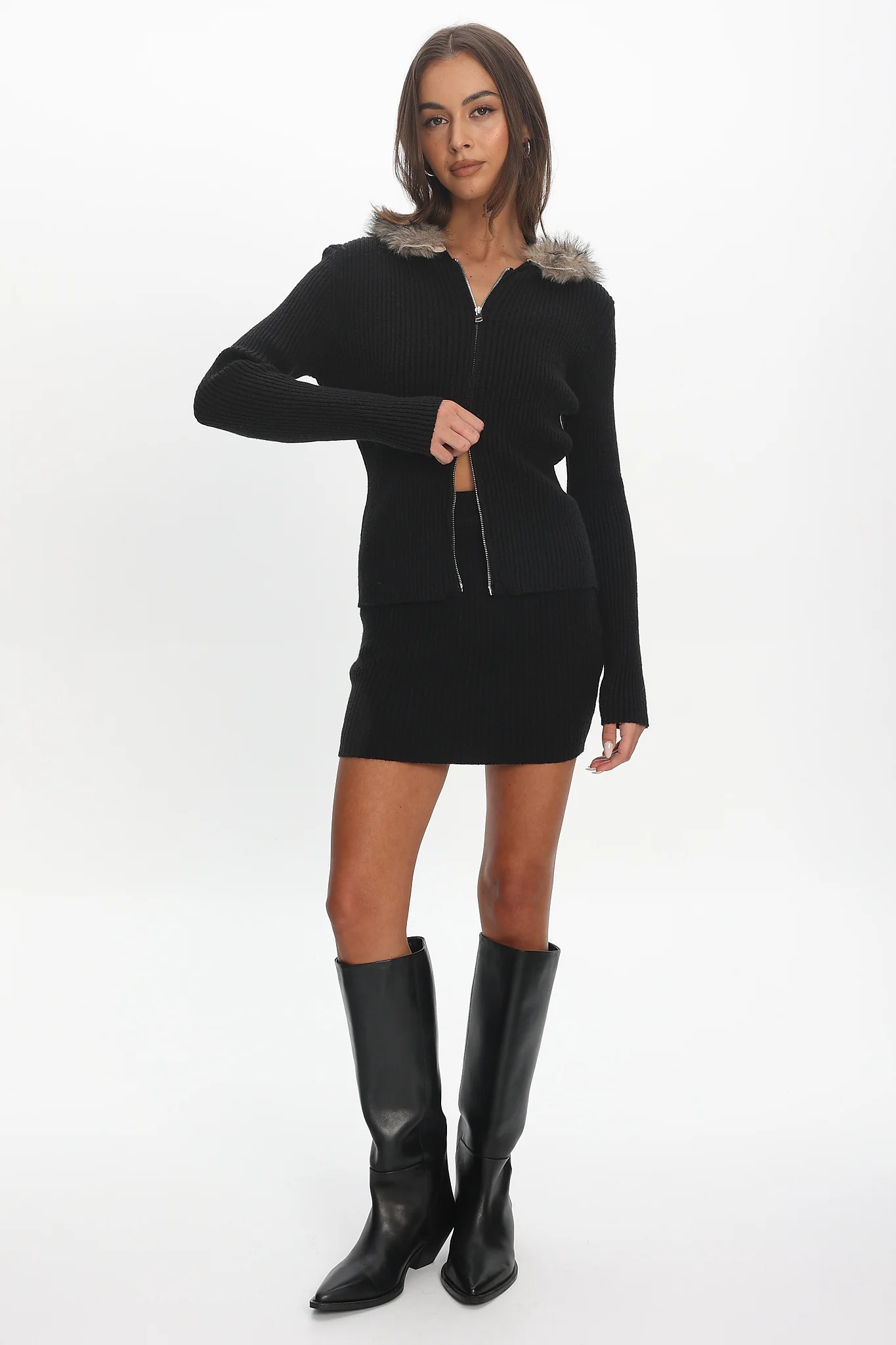 Odetta Fur Collar Knit Top Black - Image 2