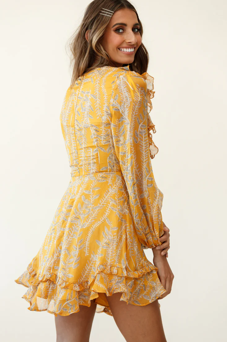 Odette Long Sleeve String Tie Neckline Vine Print Dress Mustard - Image 3