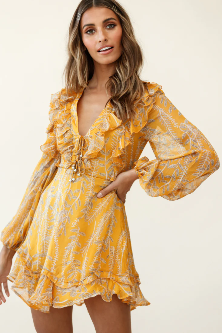 Odette Long Sleeve String Tie Neckline Vine Print Dress Mustard - Image 4