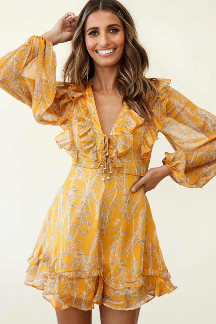 Odette Long Sleeve String Tie Neckline Vine Print Dress Mustard - Image 7