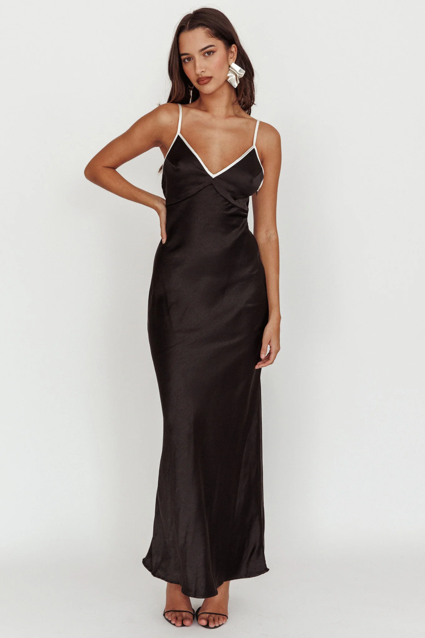 Odyssey Contrast Satin Maxi Slip Dress Black - Image 3