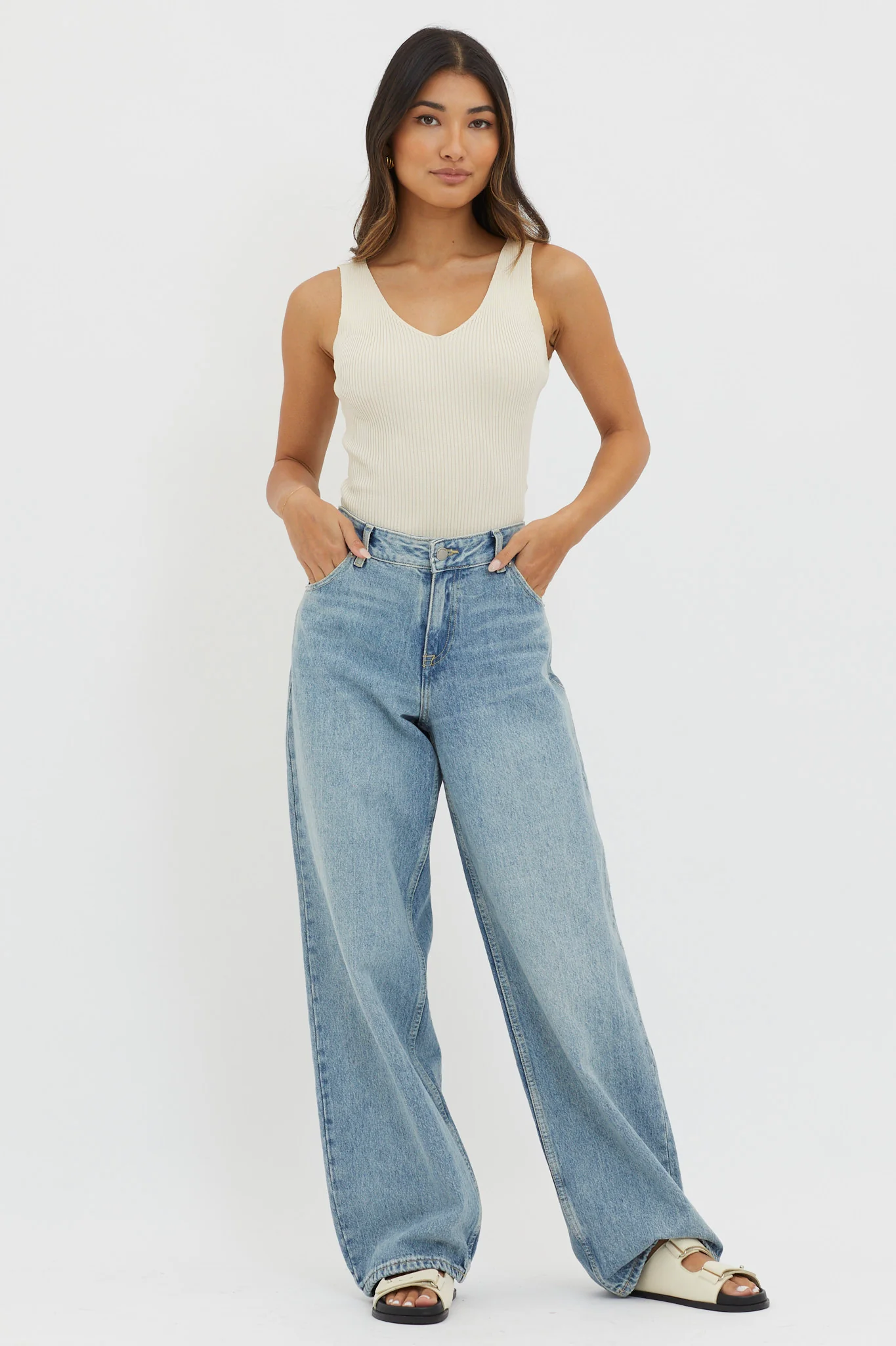 Off-Duty V-Neck Ribbed Knit Top Cream - Image 3