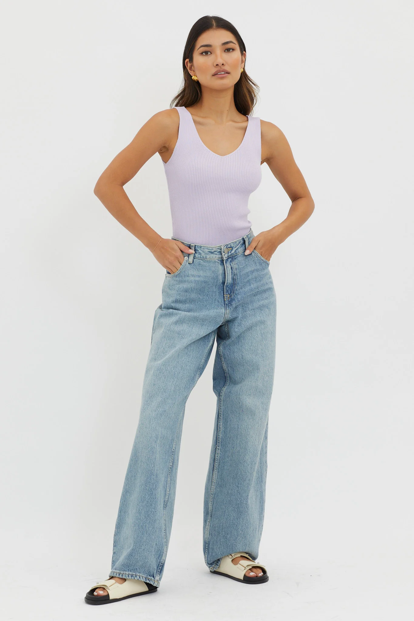 Off-Duty V-Neck Ribbed Knit Top Lilac - Image 3