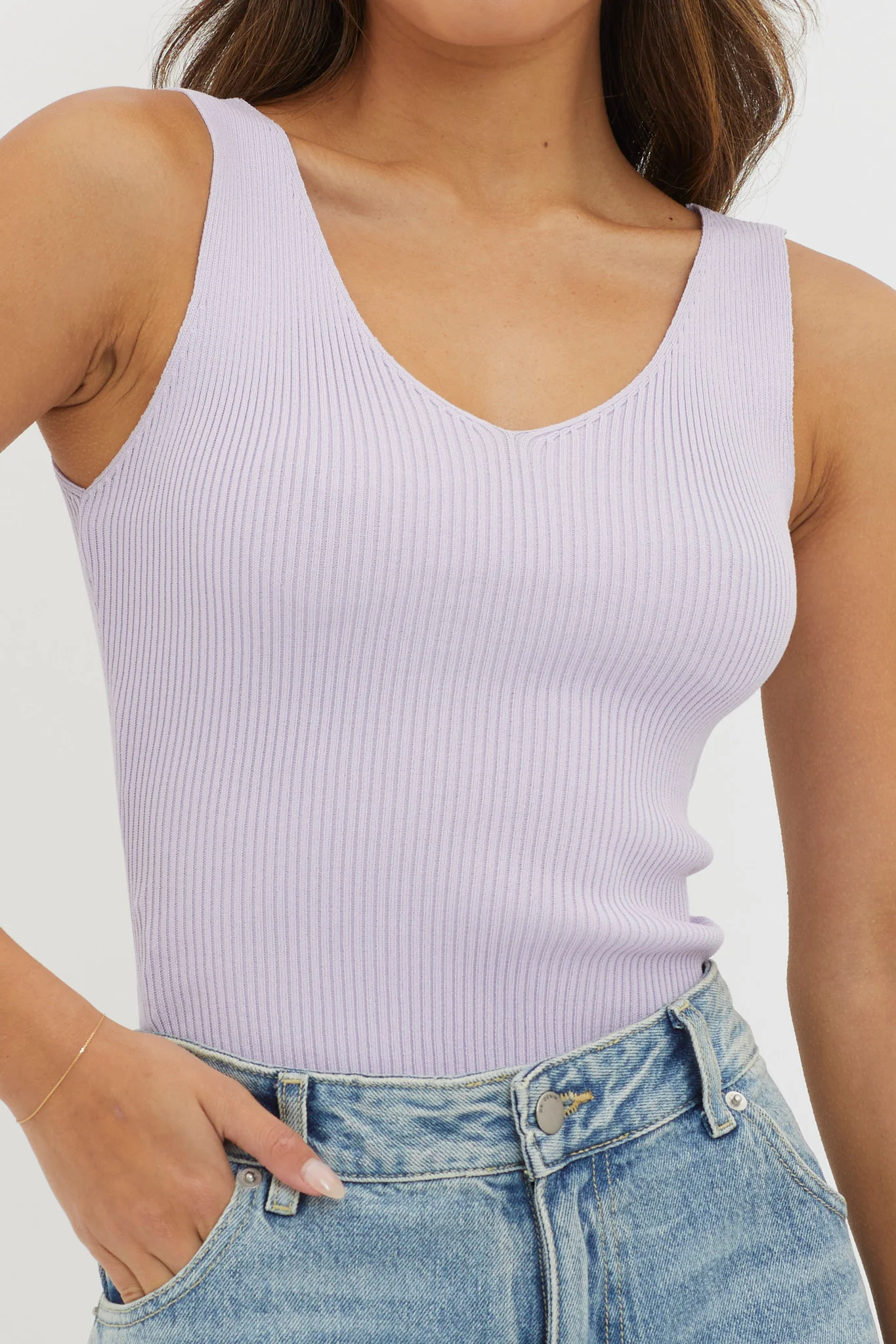 Off-Duty V-Neck Ribbed Knit Top Lilac - Image 4