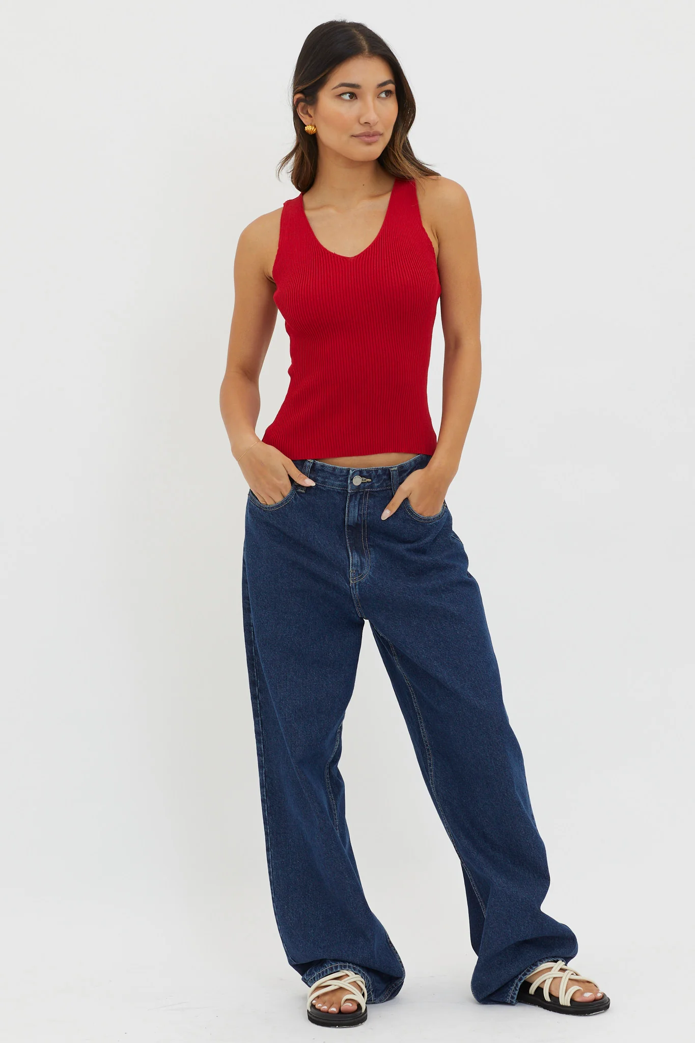 Off-Duty V-Neck Ribbed Knit Top Maroon - Image 3