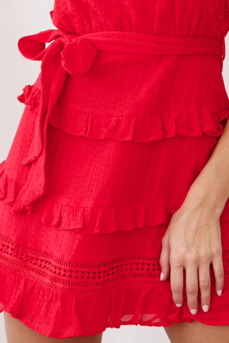 Olga Tiered Frill Detail Waist Tie Dress Red - Image 4