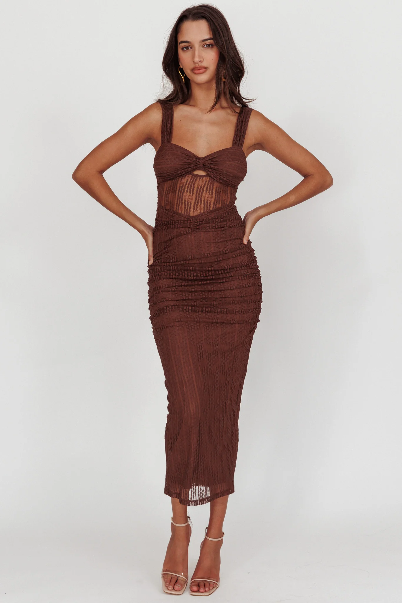 Oliana Embroidered Mesh Midi Dress Chocolate - Image 3