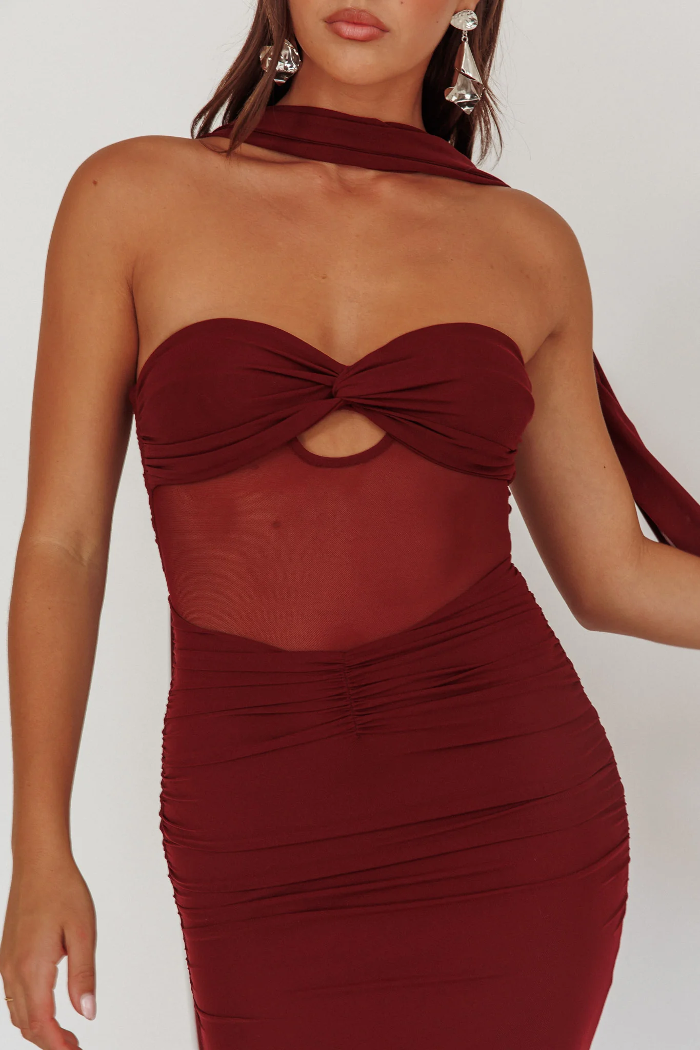 Oliana Strapless Mesh Maxi Dress Wine - Image 3
