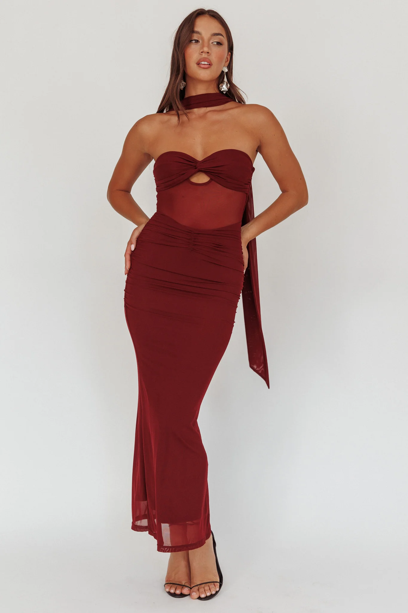 Oliana Strapless Mesh Maxi Dress Wine - Image 4