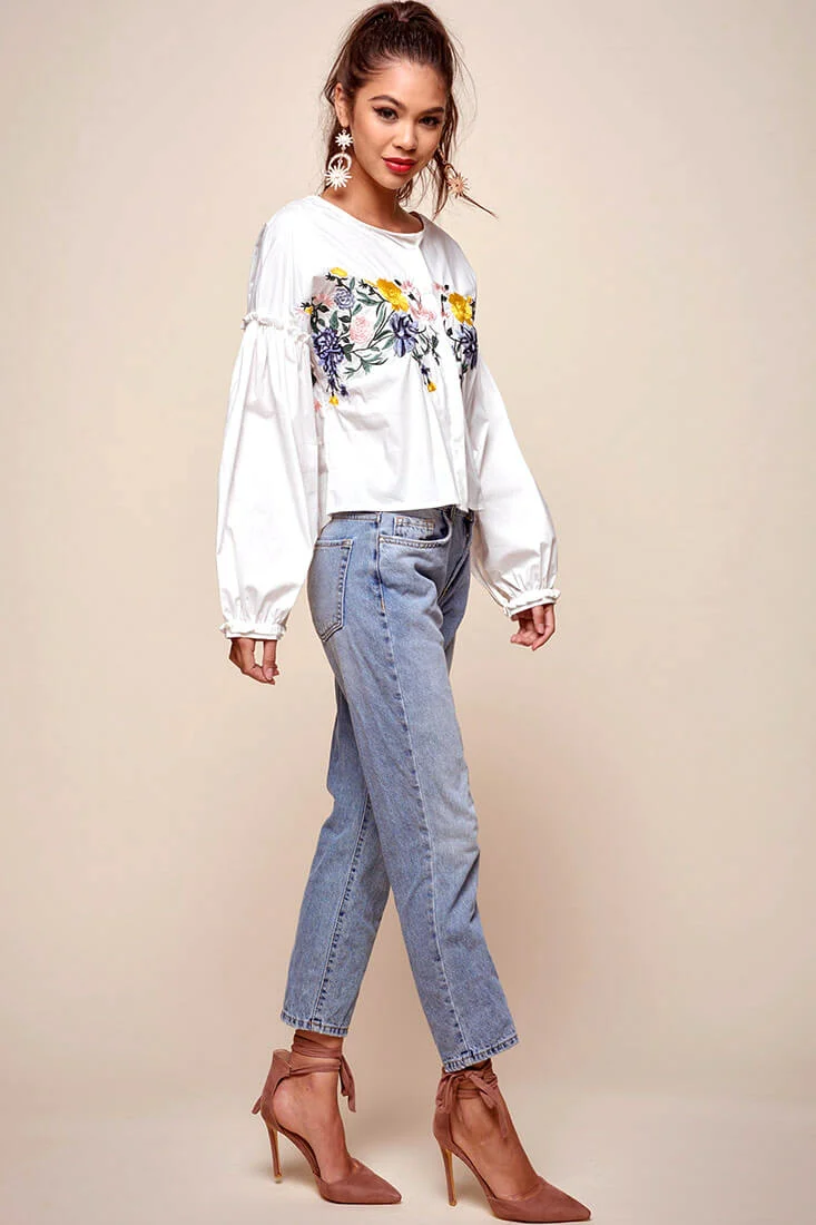 Olivia Floral Embroidered Cinched Wrist Shirt White - Image 3