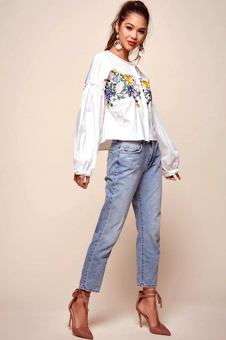 Olivia Floral Embroidered Cinched Wrist Shirt White - Image 4