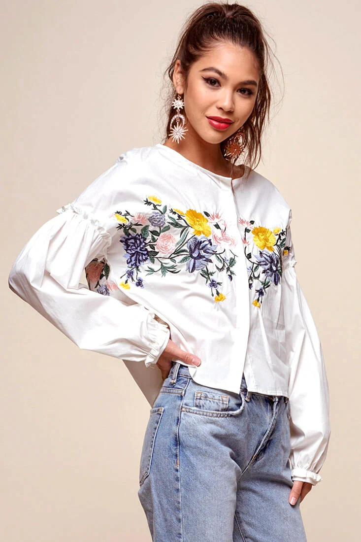 Olivia Floral Embroidered Cinched Wrist Shirt White - Image 5