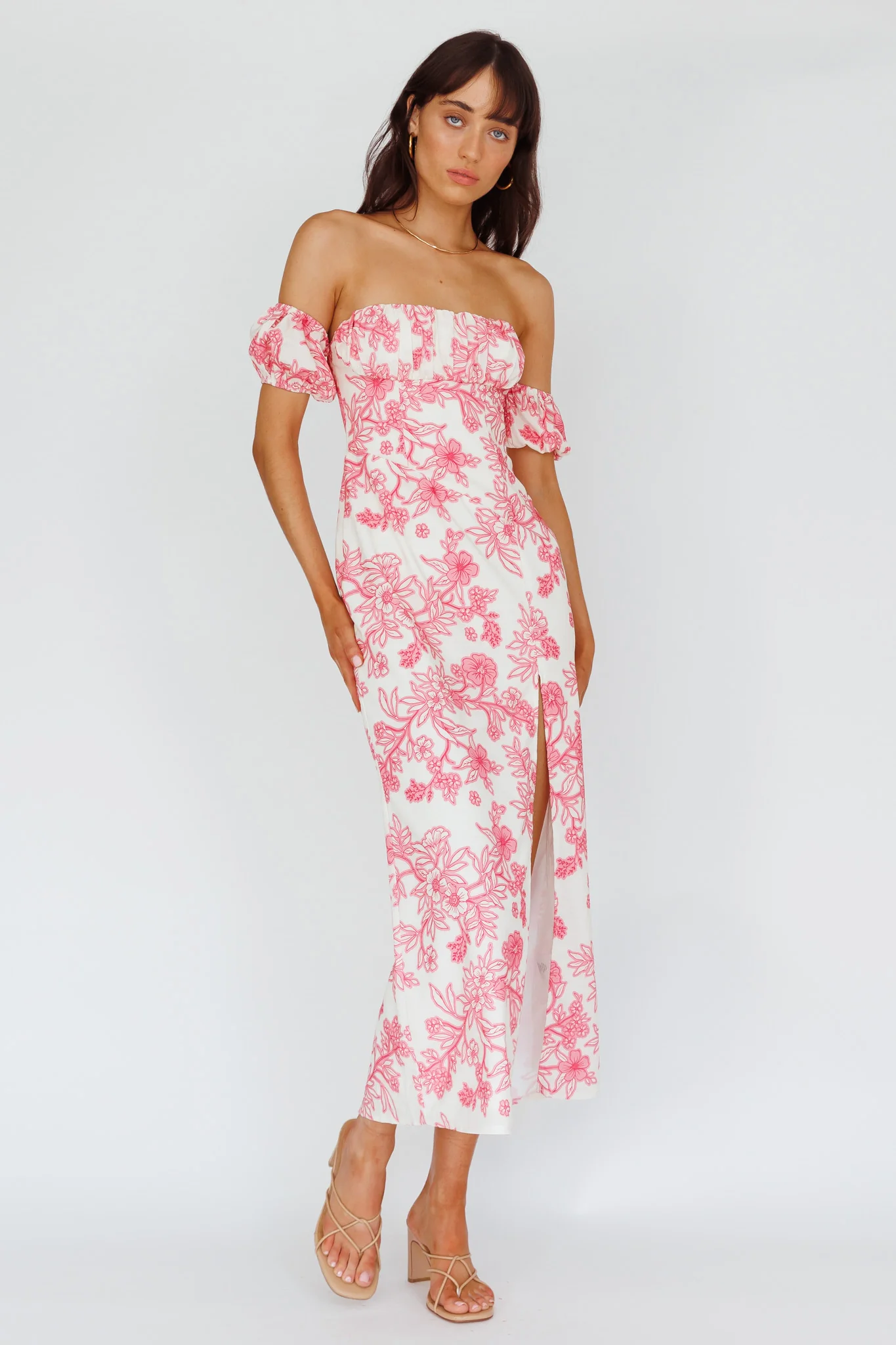 Olivier Off-Shoulder Midi Dress Floral Pink - Image 5