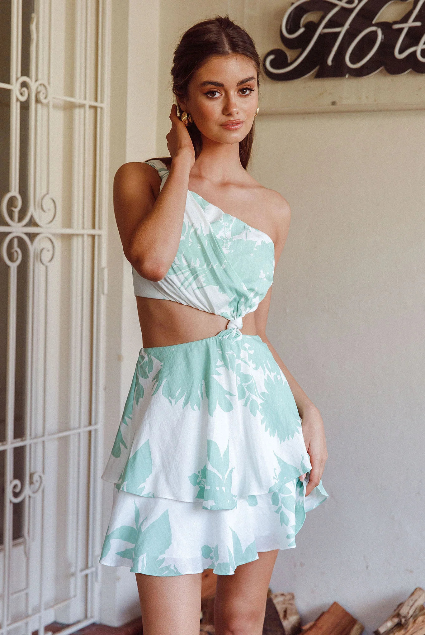 Olli One-Shoulder Cut-Out Dress Print Sage - Image 5
