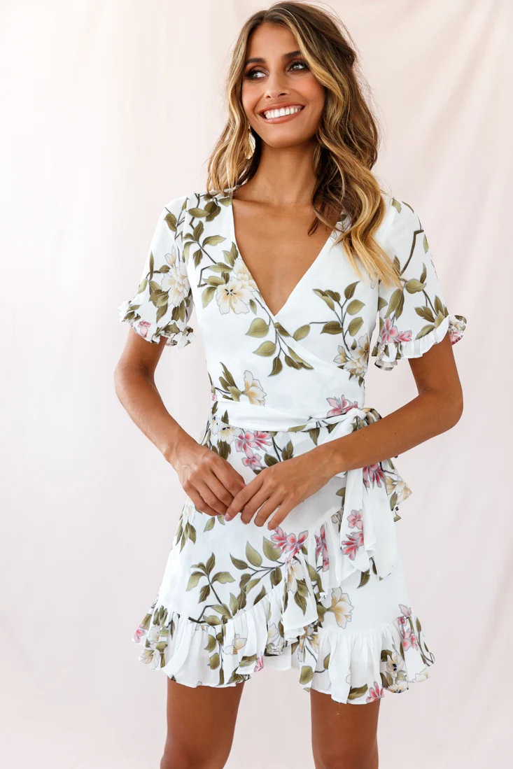Omara Floral Wrap Ruffle Trim Dress White - Image 6