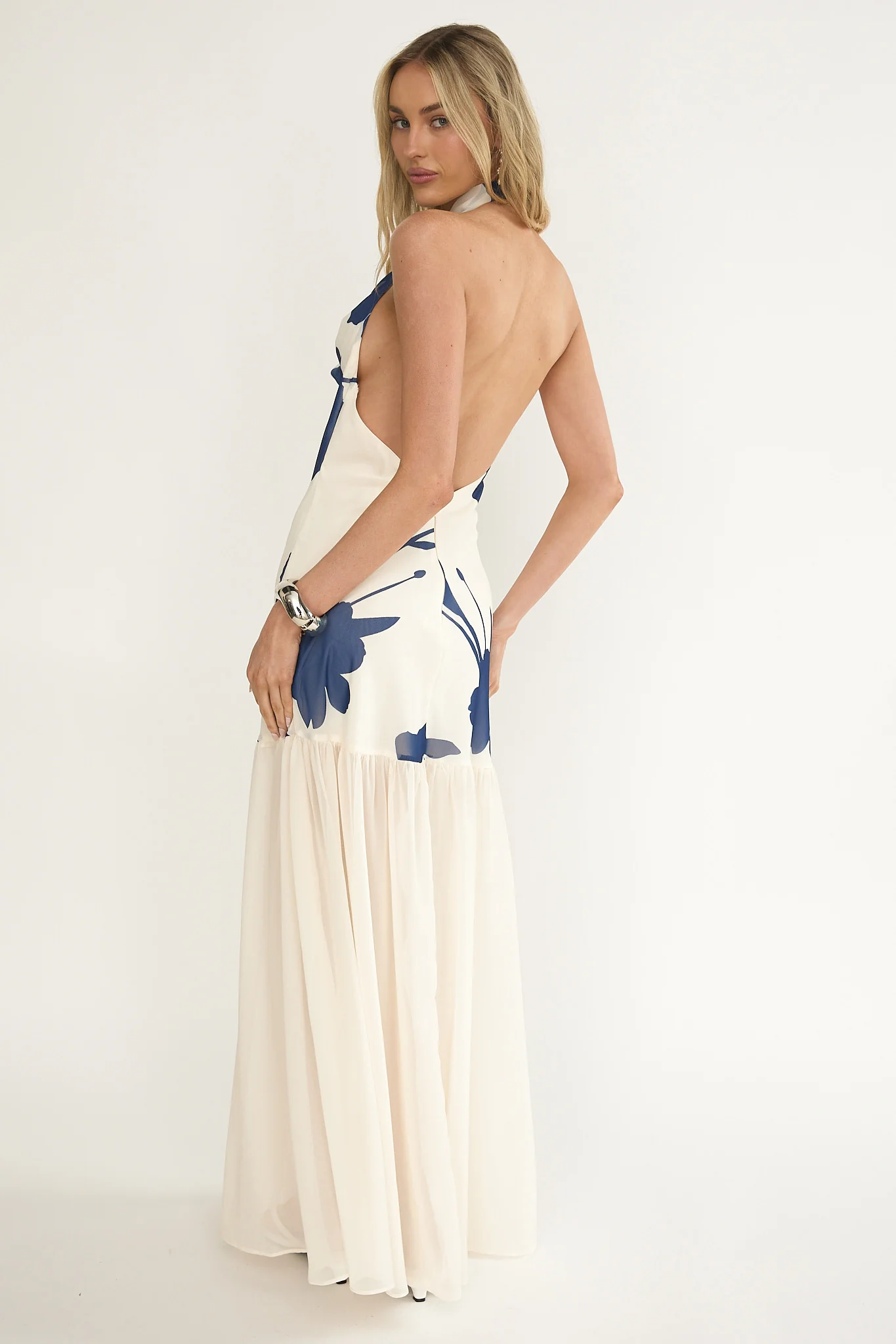 Omaria Cowl Halter Maxi Dress Floral Beige - Image 2