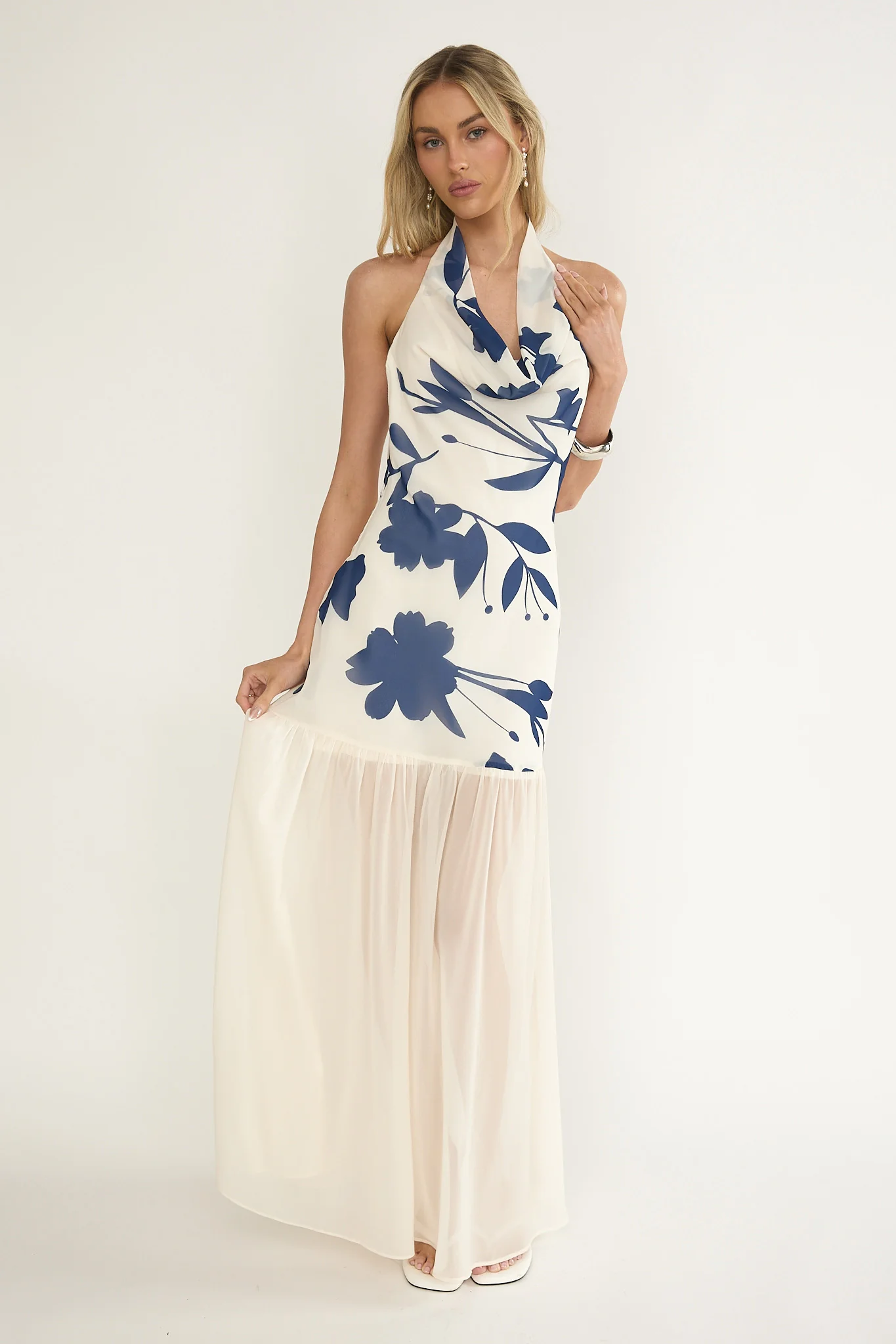 Omaria Cowl Halter Maxi Dress Floral Beige - Image 5