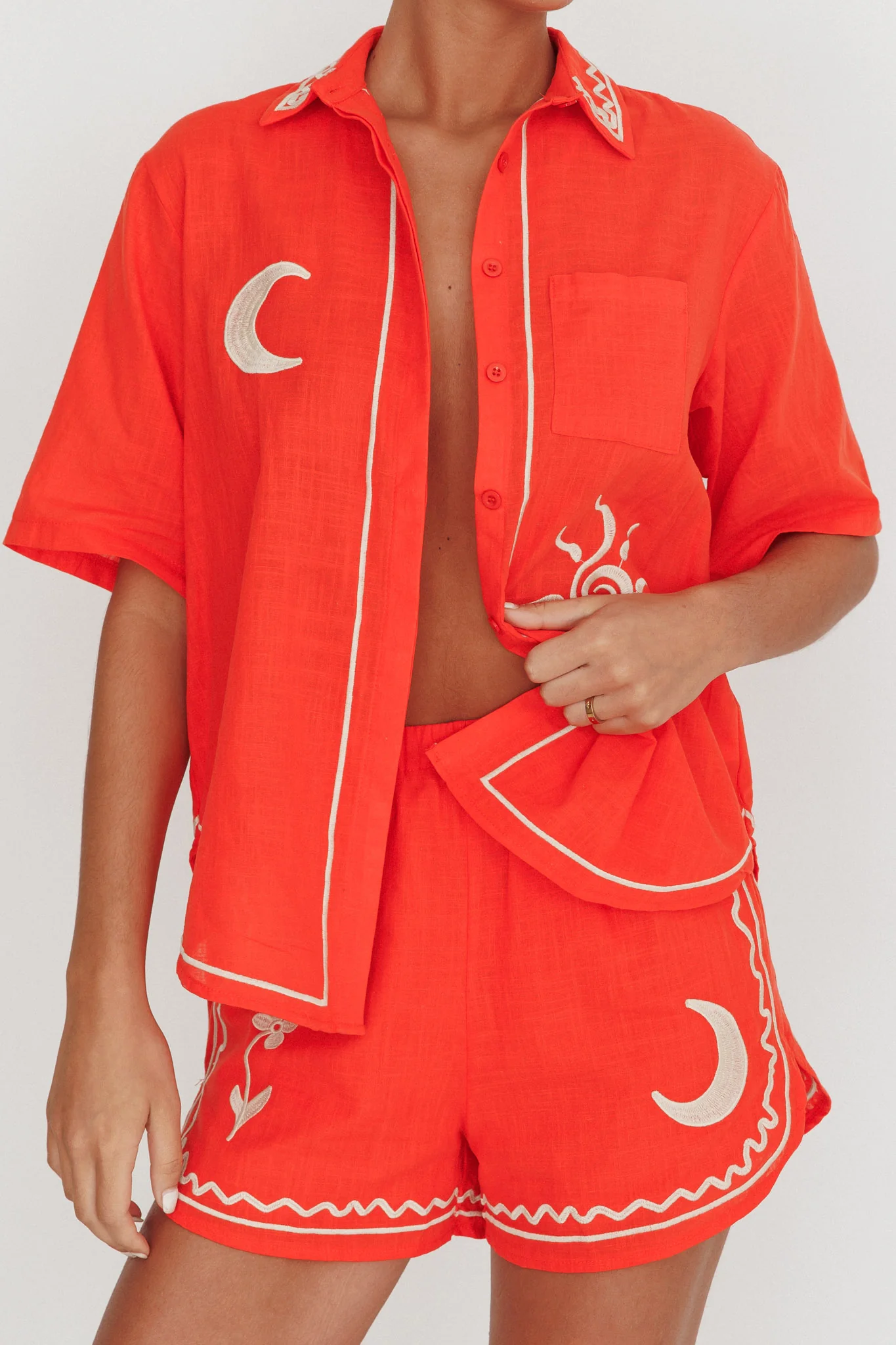 On Vacay Embroidered Button-Up Shirt Orange - Image 4