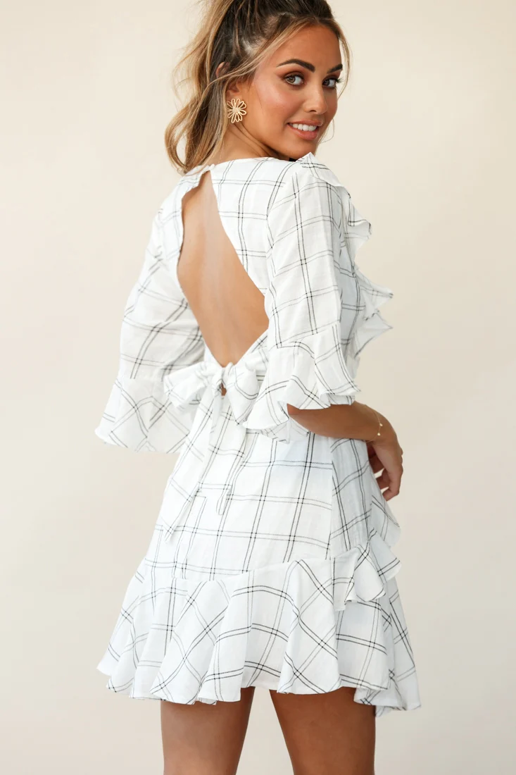 Ondina Ruffle Trimmed Keyhole Back Dress Check Print White - Image 4