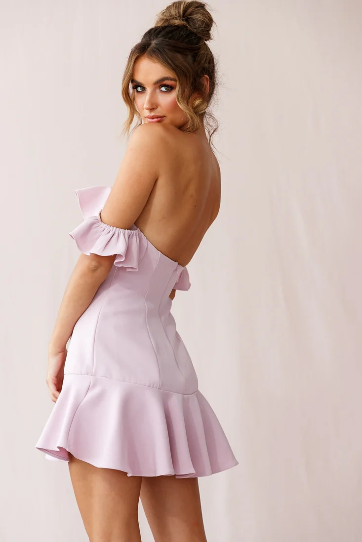 Ondine Bardot Neckline Fluted Hem Dress Mauve - Image 3