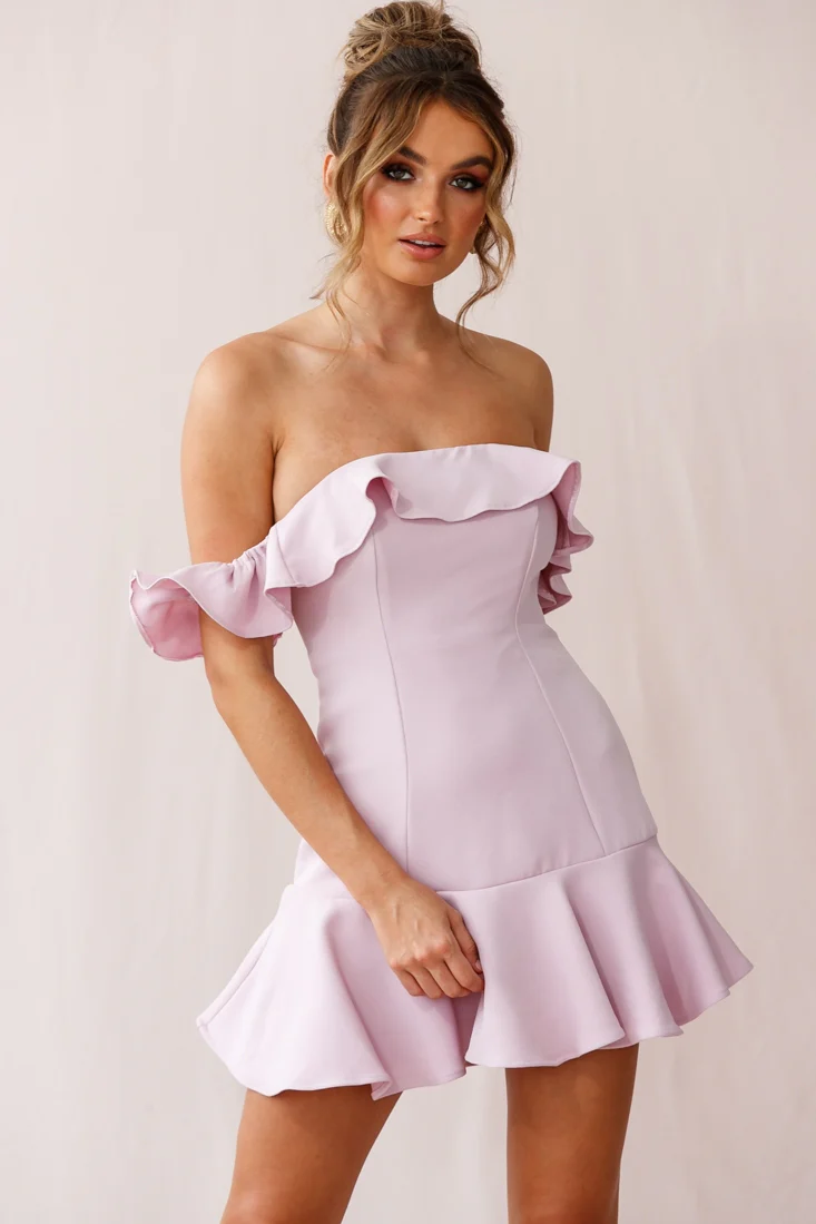 Ondine Bardot Neckline Fluted Hem Dress Mauve - Image 7