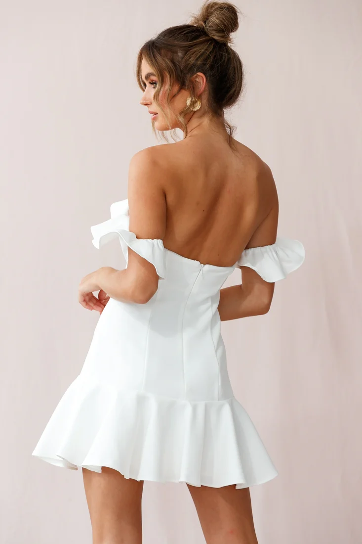 Ondine Bardot Neckline Fluted Hem Dress White - Image 3