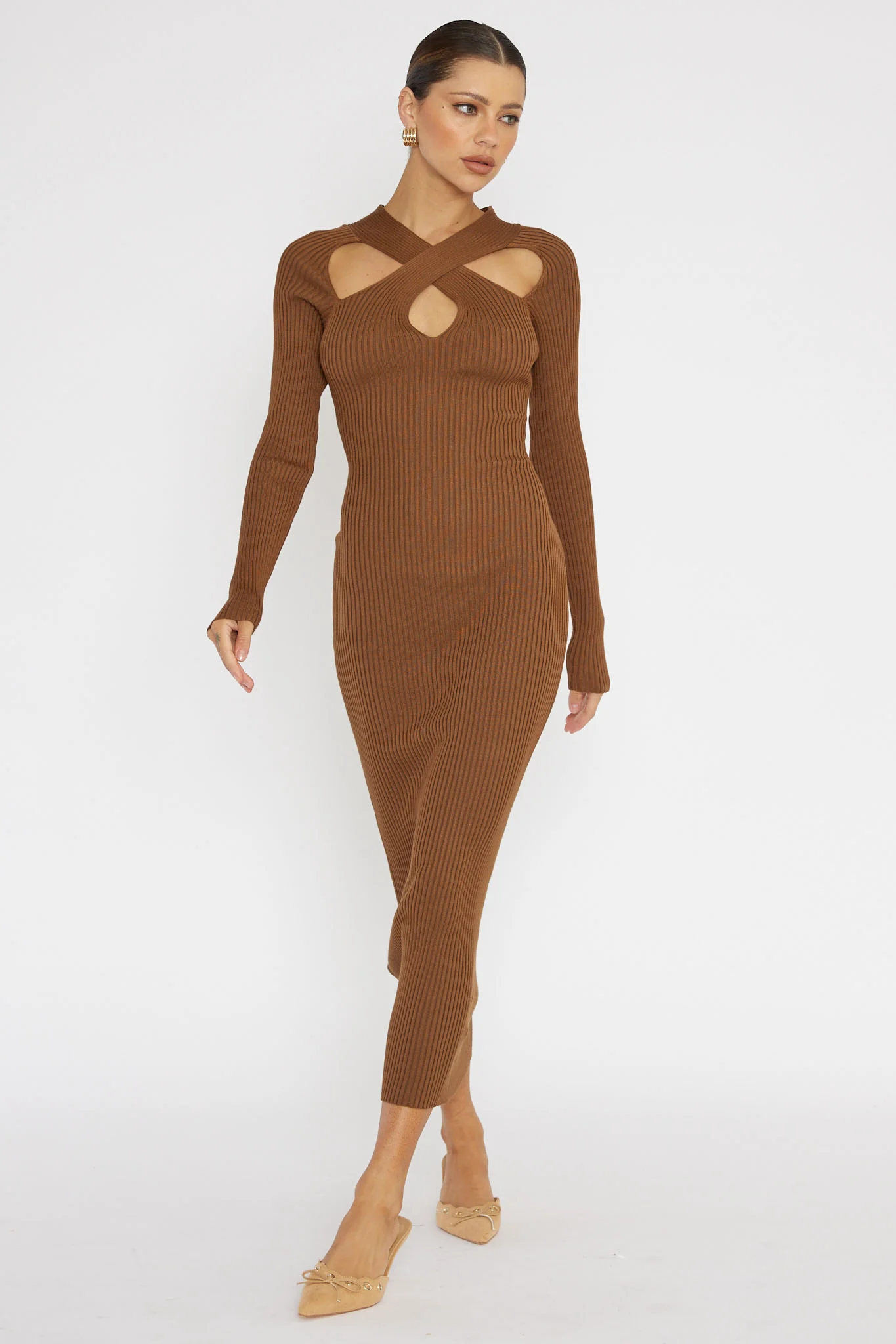 One Mind Cut-Out Neckline Knit Midi Dress Chocolate - Image 3