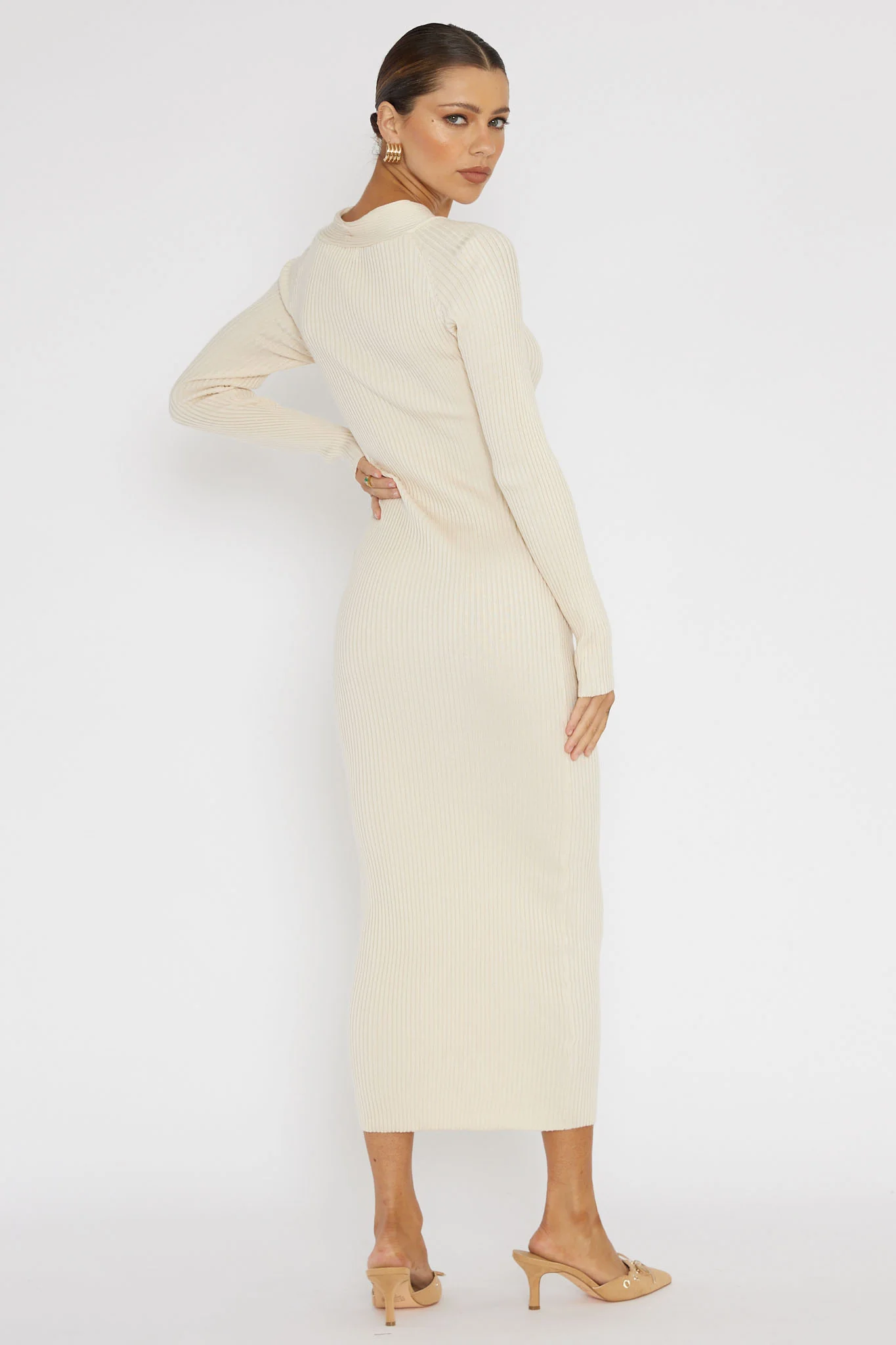 One Mind Cut-Out Neckline Knit Midi Dress Cream - Image 2