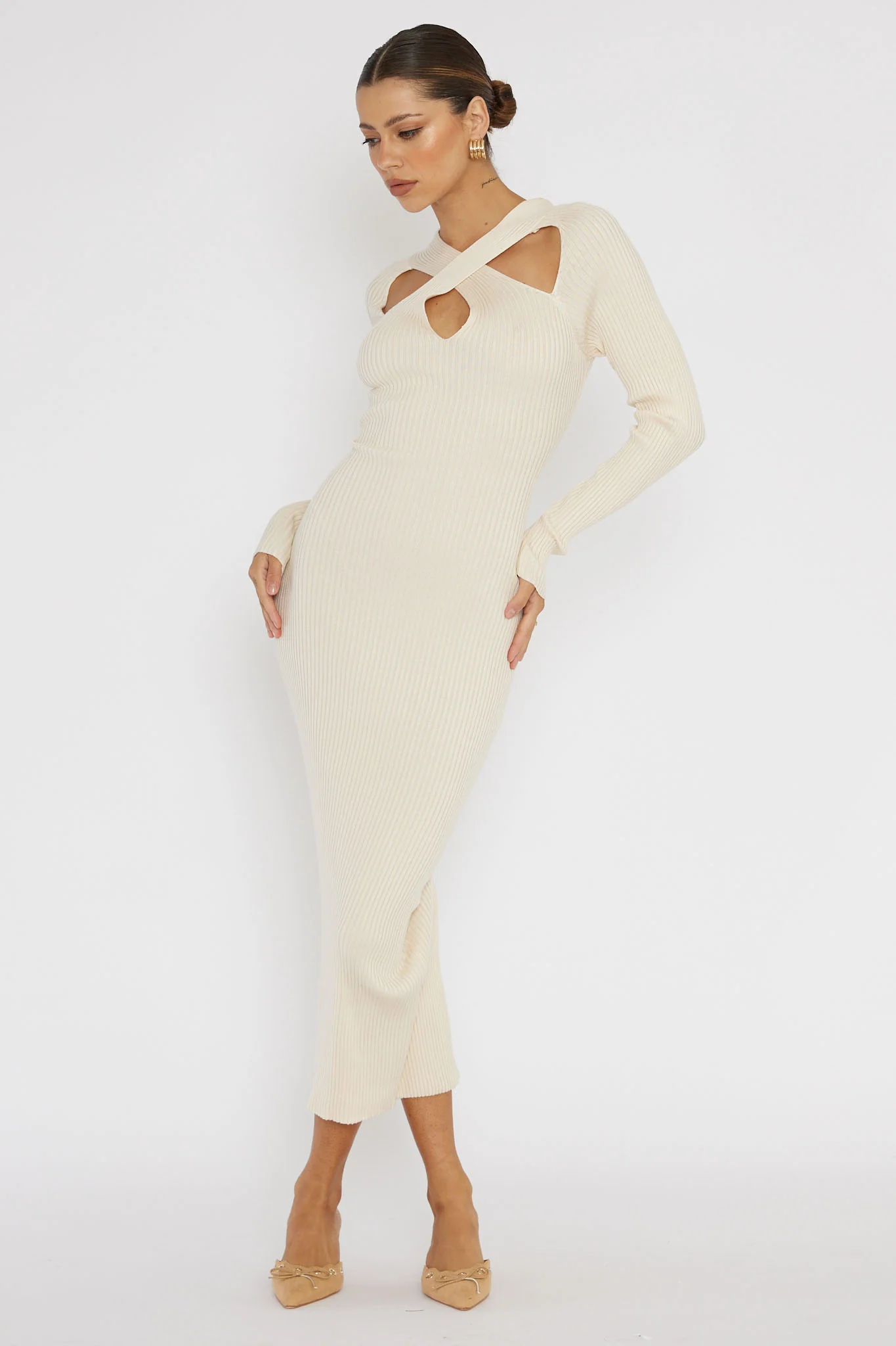 One Mind Cut-Out Neckline Knit Midi Dress Cream - Image 3