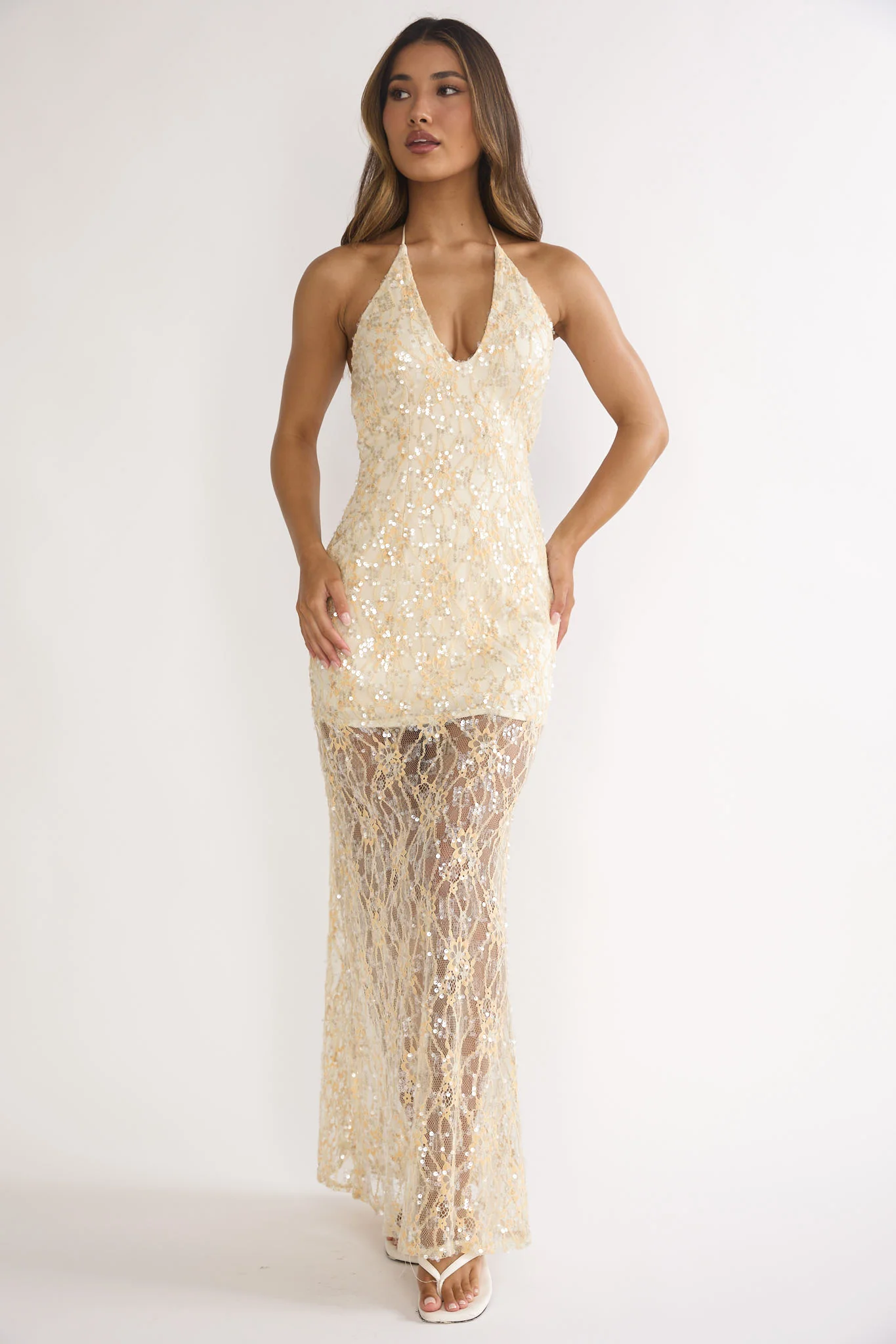 One Night Halterneck Maxi Dress Sequin Butter - Image 2