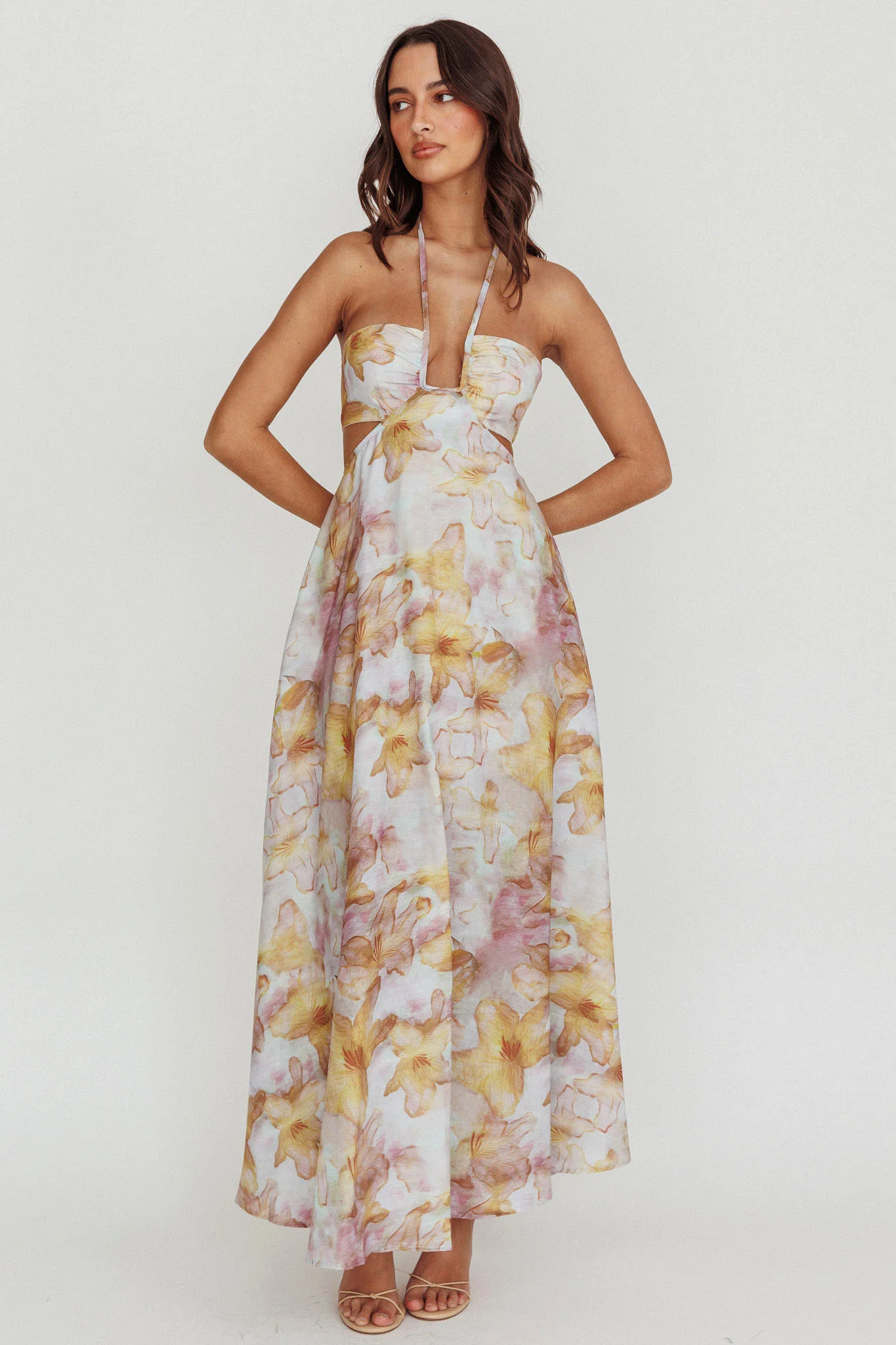 Onika Cut-Out Tied Back Floral Maxi Dress Yellow - Image 3