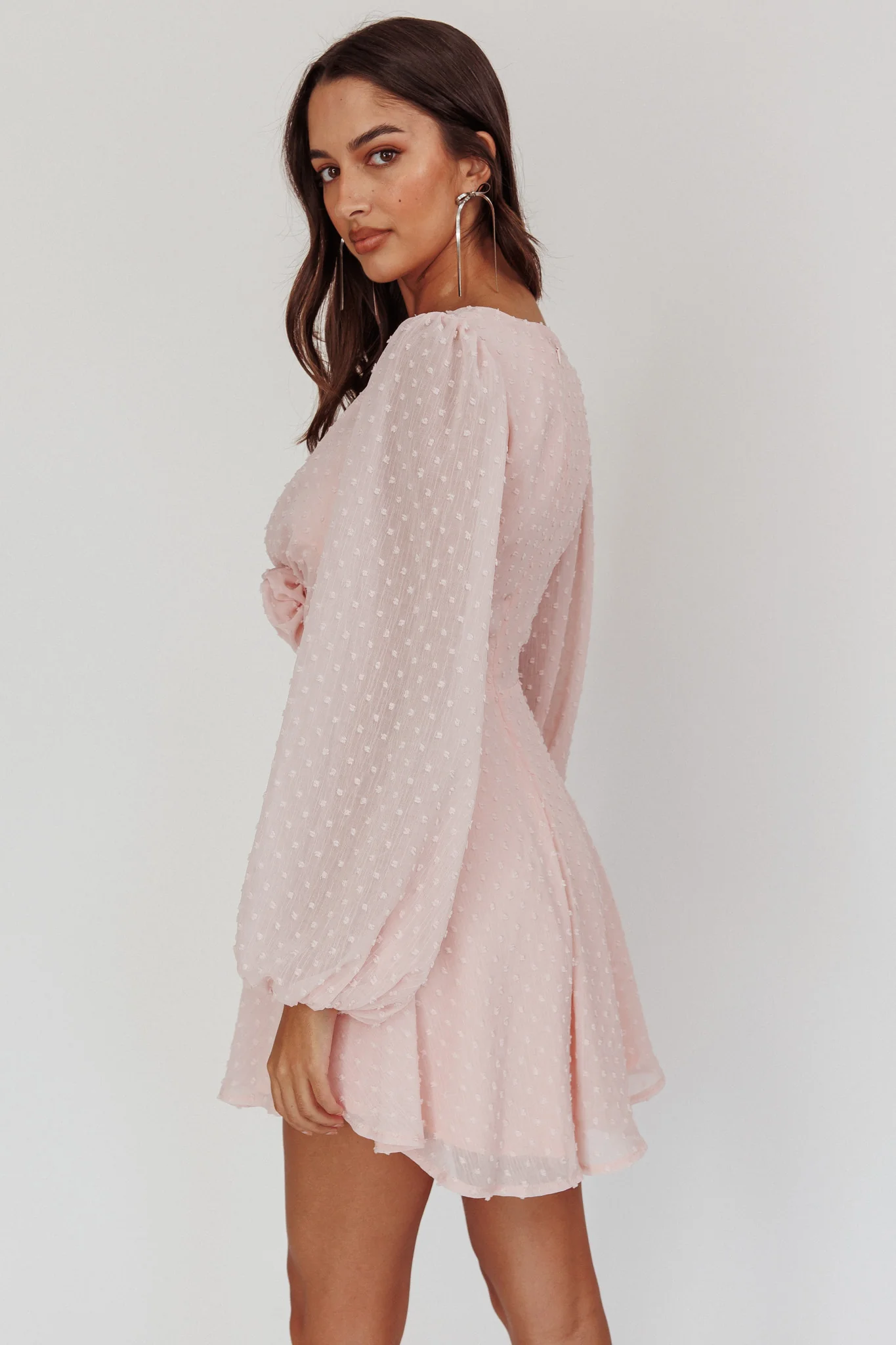 Open Heart Long Sleeve Rosette Mini Dress Baby Pink - Image 3