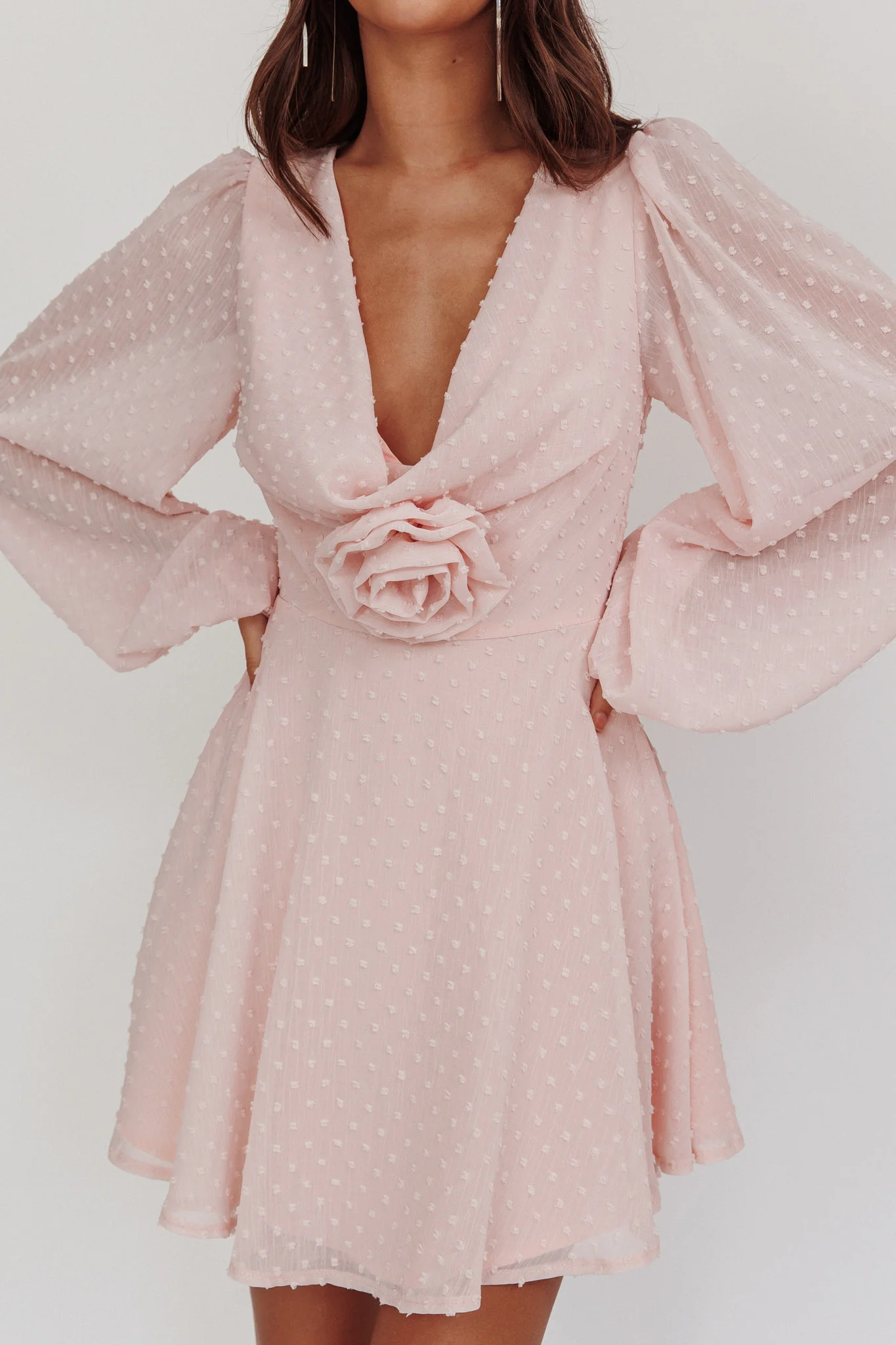 Open Heart Long Sleeve Rosette Mini Dress Baby Pink - Image 5
